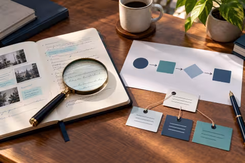 Interview notes, linked requirement cards and a process sketch beside a magnifying glass.