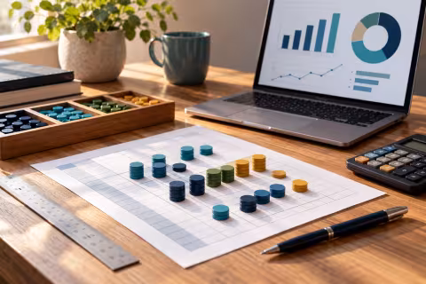 A data grid, grouped coloured tokens, calculator and laptop with simple illustrative charts.