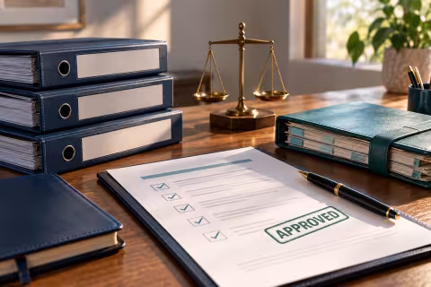An approval stamp, decision ledger, evidence binder and balance scale on a review table.