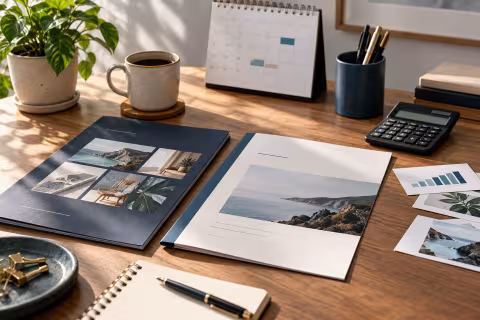 A portfolio booklet, service proposal, calculator and campaign planning cards on a freelancer’s desk.