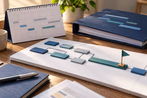 Connected task tiles, a calendar and a milestone flag beside a programme folder.