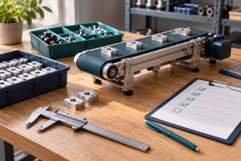 A conveyor model, inspection checklist, caliper and sorted components on a process-improvement workbench.
