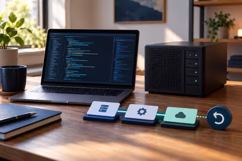 A server unit, laptop, deployment cards and recovery token on a software-development desk.