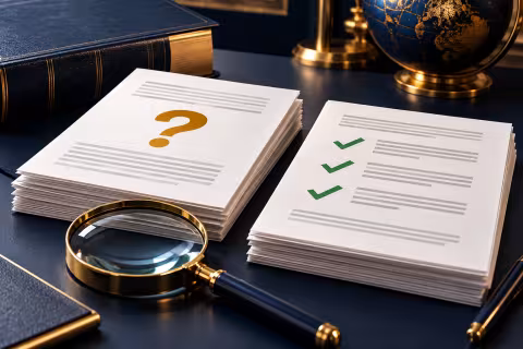 Draft and review documents beside a magnifying glass and source book.