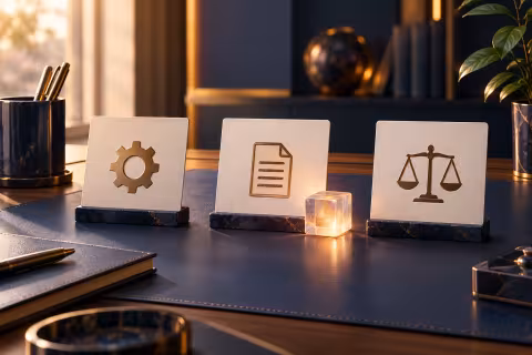 Three task cards with cog, document and balance symbols beside a translucent cube.