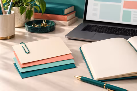Four note cards beside an open notebook and a laptop showing abstract interface panels.