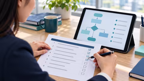 A reviewer checking requirement rows against a workflow sketch on a tablet.