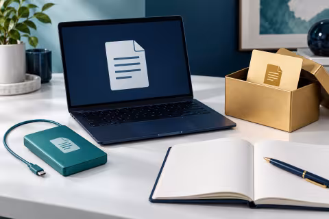 A laptop file, disconnected external drive and separate storage box.