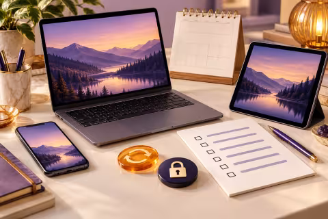 Devices beside a calendar, maintenance checklist and update and lock symbols.