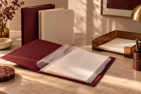 Document folders and a protective divider beside an outgoing tray.