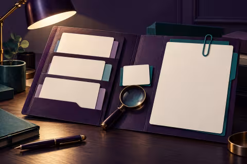 An open report folder with observation and decision cards beside a desk lamp.