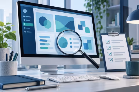 An abstract dashboard display being reviewed with a magnifying glass and clipboard.