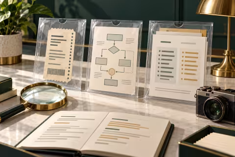 Document sleeves, a process sketch and records displayed beside a magnifying glass and camera.