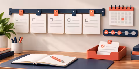 A planning rail with action cards, a calendar and a tray for a completed action.