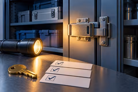A secured storage cabinet, a key and review cards illuminated by an inspection lamp.