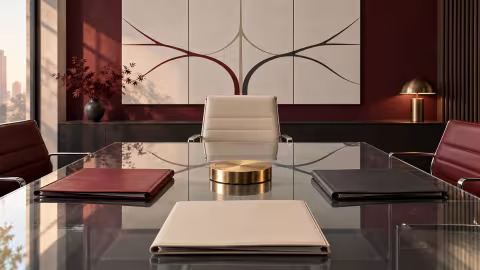 A meeting table with three distinct folders and a central decision token beneath branching wall artwork.