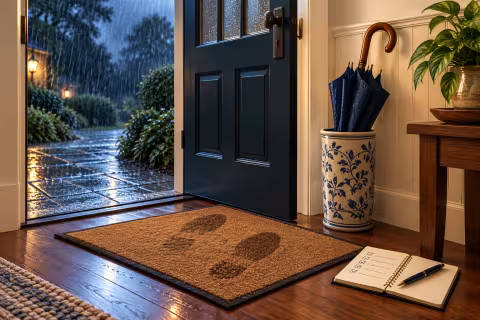 Rain outside an open doorway, a protective umbrella and a notebook beside a mat showing footprints.
