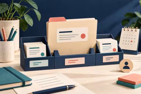 A task folder beside deliverable and review cards, a calendar and ownership marker.