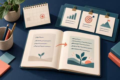 A learning journal beside two practice samples, a review calendar and evidence cards.
