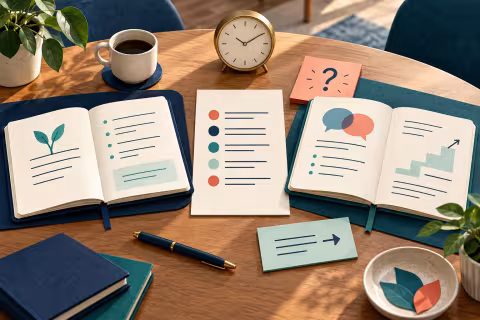 Two open notebooks and an agenda between a question card, clock and next step card.