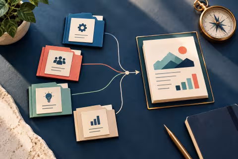 A shared report outcome displayed beside contribution folders, a compass and notebook.