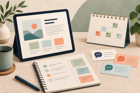 A small digital product prototype beside a trial notebook, calendar and feedback cards.