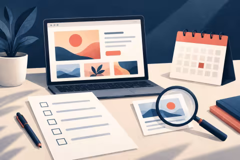 A campaign preview beside a readiness checklist, magnifying glass and calendar.