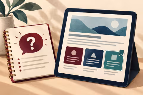 A question notebook beside an instructional content preview and selected content cards.