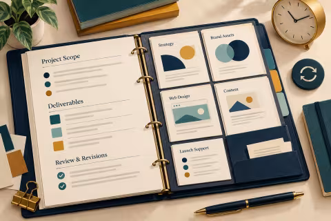 A proposal binder beside deliverable cards, a clock and review markers.