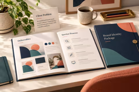 A service portfolio and sample deliverable beside a client problem card and defined package folder.