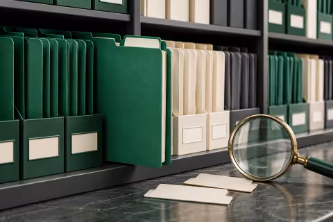 Grouped folders beside a magnifying glass and a selected working folder.