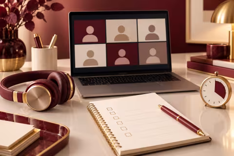 A laptop, headset and meeting preparation checklist on a clear desk.
