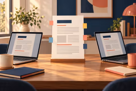 Two laptops displaying the same abstract document beside review comment tabs.