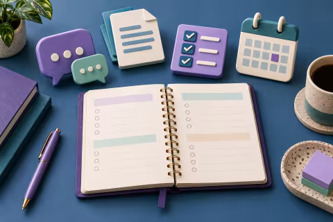 A planning notebook surrounded by message, document, task and calendar tokens.