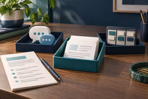 A task brief beside trays representing conversation, documents and task tracking.