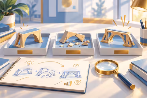 Three bridge prototypes showing an original design, a failure and an improved design beside a learning notebook.