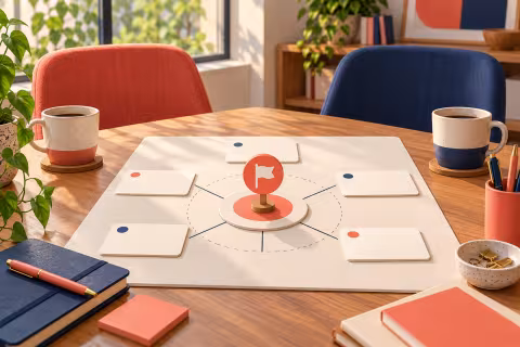 A planning board with one central goal flag and a small set of surrounding task cards.