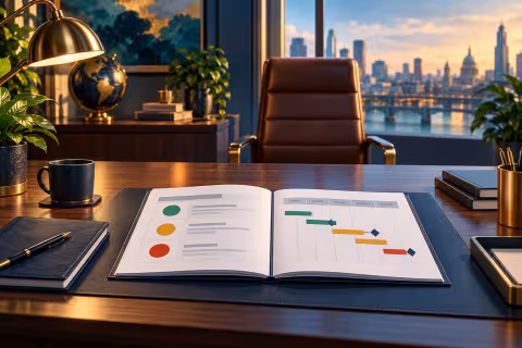 An open project status report with coloured status markers and a milestone schedule on a desk.