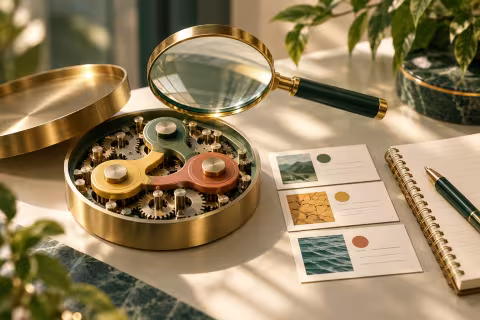 A magnifying glass over connected components beside evidence cards and a notebook.