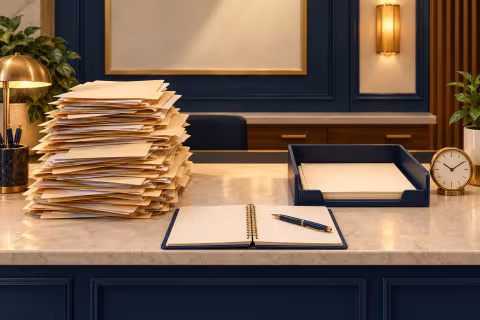 A queue of application folders beside an intake tray, clock and observation notebook.