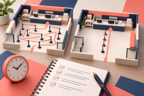 Two model service-counter layouts showing alternative routing arrangements beside a review notebook.