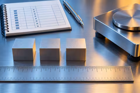 A ruler, sample items, tally notebook and desk scale arranged for consistent measurement.