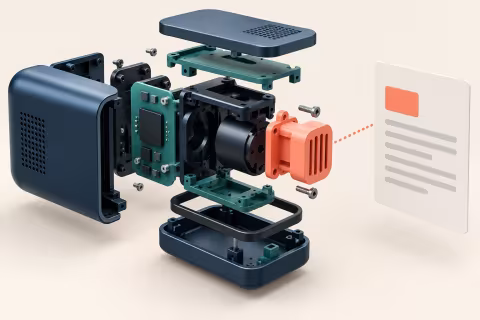 An exploded modular device with one changed component highlighted beside a change card.