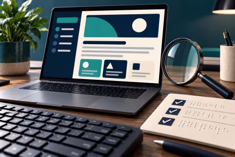 A high-contrast abstract interface beside a keyboard and accessibility review checklist.
