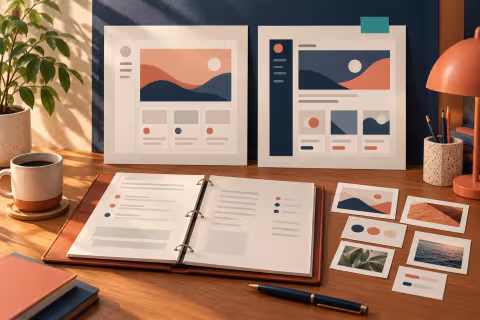 Two alternative interface layouts beside a design decision folder and evidence cards.