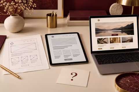 A paper sketch, wireframe tablet and detailed laptop prototype arranged on a desk.