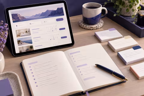 A booking prototype beside an observation notebook and evidence cards.