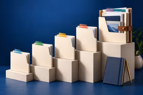 Ascending portfolio folders and a notebook representing the gradual assembly of career evidence.