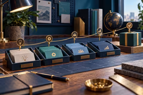 Task trays, milestone connections and a delivery box representing small-project coordination.