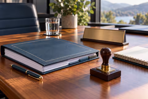 A decision folder, approval stamp and separate follow-up notebook illustrating decision and action ownership.